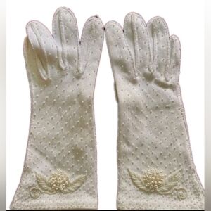 Vintage Pearl Beaded Cotton Gloves - Weddings - Etc - Made in Hong Kong-Size 7